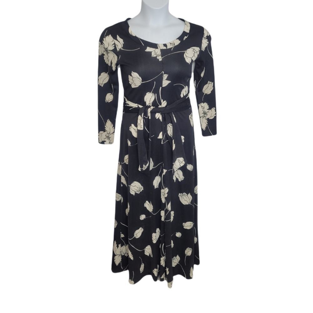 VINTAGE 70s black dress long sleeve floral polyester maxi with tie XS‎